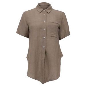 Theory Button-Down Tie Front Shirt in Brown Linen